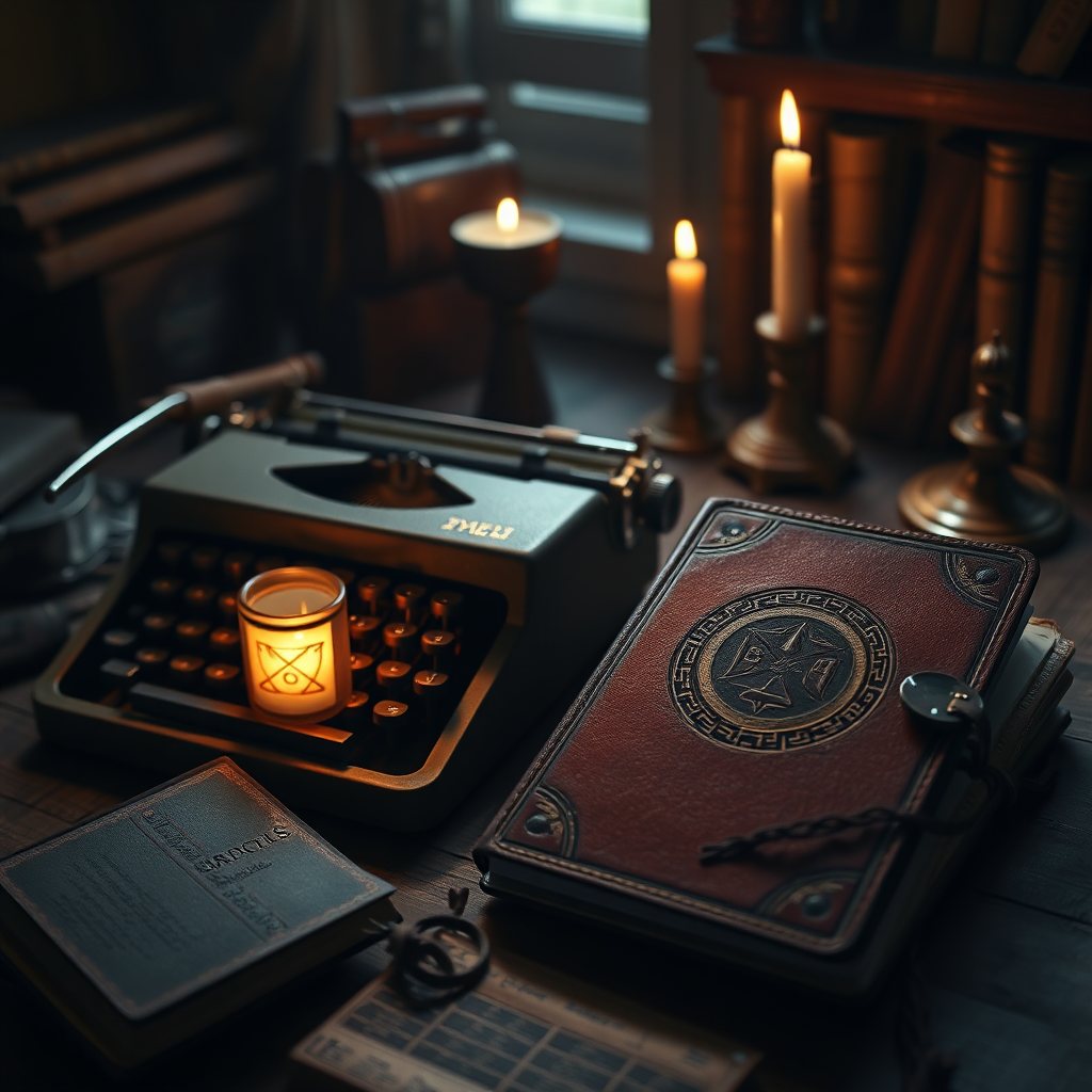 M.A. Kirkeby's writing desk, dark mythic atmosphere